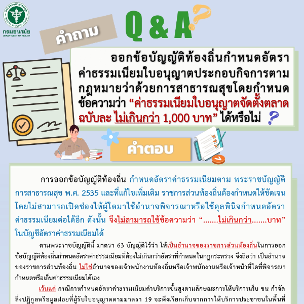 คำถาม-คำตอบ: ออกข้อบัญญัติท้องถิ่นกำหนดอัตราค่าธรรมเนียมใบอนุญาตโดยกำหนดข้อความว่า “ค่าธรรมเนียมใบอนุญาตจัดตั้งตลาดฉบับละ ไม่เกินกว่า 1,000 บาท? .